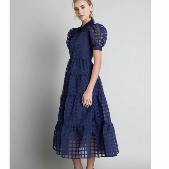 English Factory Gridded Organza Tiered Collared Maxi Dress, Blue, Medium, NWT - Picture 3 of 11